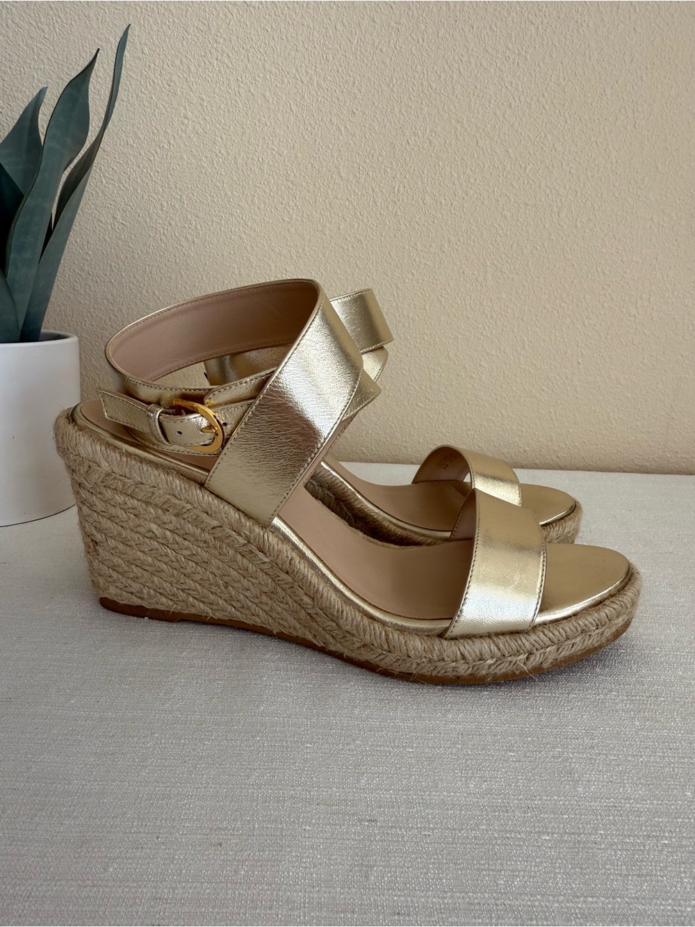 Stuart Weitzman Lexia Metallic Gold Espadrille Wedge Sandals with Ankle Strap